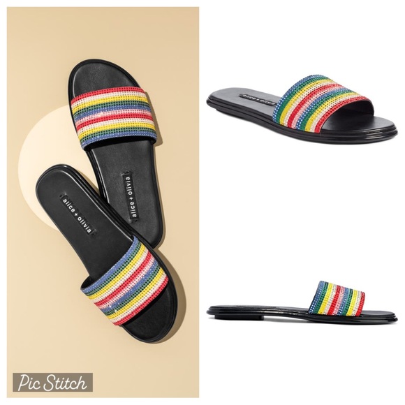 $175 Alice + Olivia Tami Crystal Striped Embellished Sandals Slides size 6